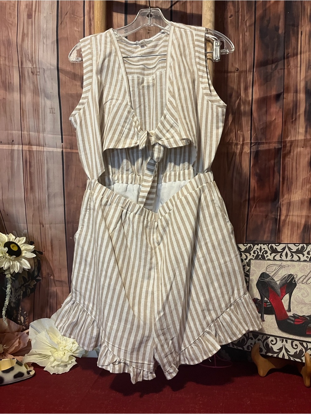 Free the Roses Cream & White Striped Tie-Front Romper